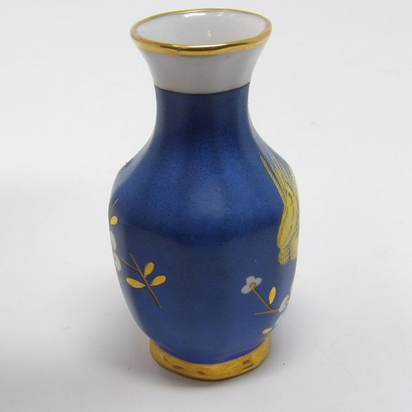 Vintage Oriental Porcelain Vase Blue with Yellow Pheasant Bird Gold Accents and - Picture 5 of 10